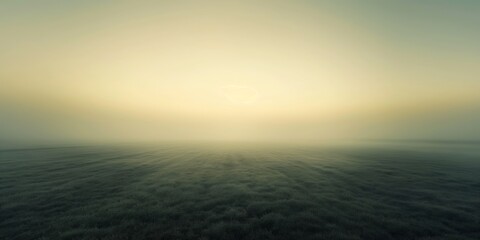 Fototapeta premium A vast field blanketed in fog with the sun faintly glowing through, creating a serene and mysterious atmosphere