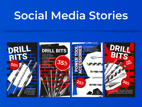 Metallic drill bits power accessory sale social media stories design template set vector