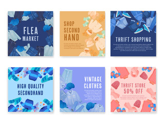 Flea market second hand shop vintage clothes shopping social media post design template set vector