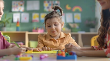 Special Needs Student Receiving Attentive Support from Caregiver in Colorful Classroom Setting