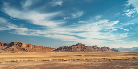 Fototapeta premium Expansive desert plain with a dramatic mountain range backdrop under a clear blue sky, epitomizing arid beauty