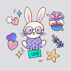 Bunny with flowers and stars, animals, cute planner sticker collection, easter, poster card decoration, doodle, crayon, trendy, vector