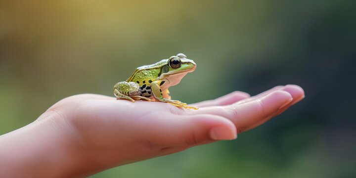 A vivid green frog resting carefully on the palm of a hand showcasing coexistence between humans and wildlife