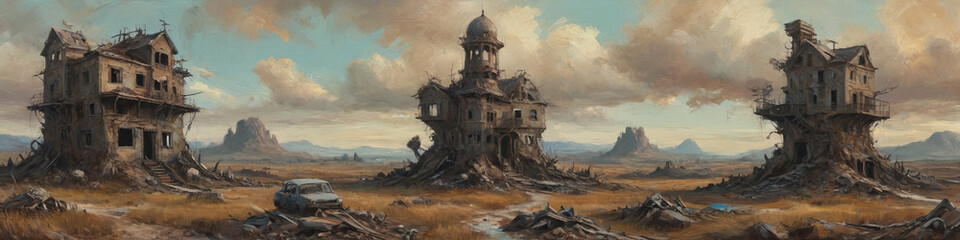 Fototapeta premium Surreal landscapes of ruin and rebirth materialize in thick oil paints, portraying a post-apocalyptic world where hope and despair intertwine, Generative AI