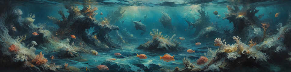 Fototapeta premium Depths of the ocean are explored through surreal, thickly painted oil canvases, revealing a mysterious underwater world teeming with surreal beauty, Generative AI