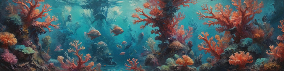 Ethereal creatures and vibrant corals come to life in bold, textured oil strokes, creating a surreal underwater realm filled with mystery and wonder, Generative AI