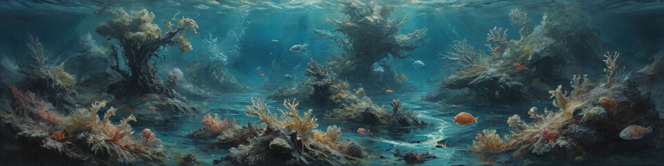 Fototapeta premium Enigmatic underwater scenes come alive with bold, textured oil strokes, capturing the essence of a surreal marine world beyond ordinary perception, Generative AI