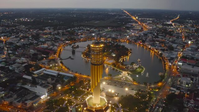 Aerial view of Roi Et tower, tourist attraction landmark. Urban housing development from above. Top view. Real estate in city, Thailand. Property real estate.
