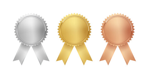 Medals for first, second, third place with ribbons. Gold, silver and bronze ranks on white background. Award nomination. Championship in sport or movie vector illustration