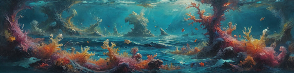 Fototapeta premium A surreal underwater symphony unfolds through thick oil layers, depicting a mesmerizing aquatic world filled with vibrant colors and ethereal beauty, Generative AI
