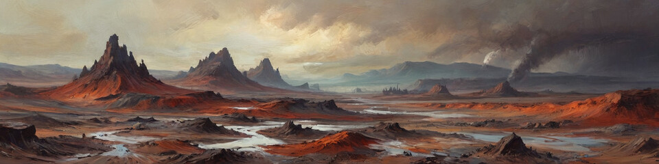 Harsh environments of a desolate planet come alive through bold, thick oil strokes, portraying raw wastelands under various atmospheric extremes, Generative AI