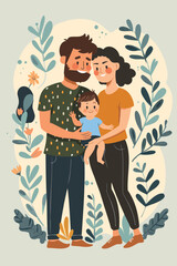 Father and Mother Care for Son, Parents Engaged in Upbringing and Development of Baby, Boy Sits on Big Flower as Dad Waters Plant, Family Relationship and Bonds Vector Illustration