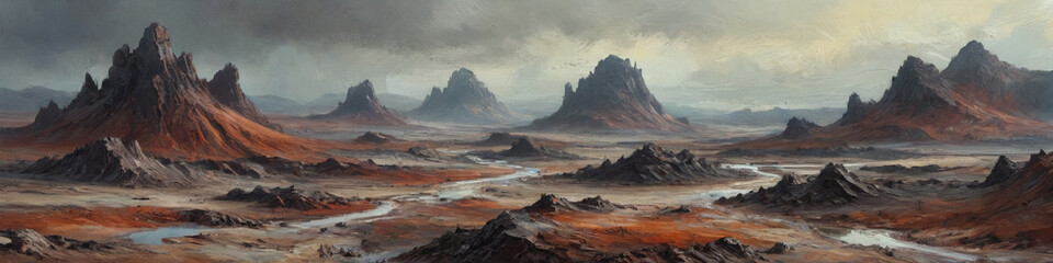 Fototapeta premium Bleak landscapes of a desolate planet are depicted through textured oil applications, showcasing raw wastelands under harsh atmospheric conditions, Generative AI