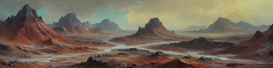 Fototapeta premium The raw beauty of desolate terrains on an alien planet is captured with textured oil layers, showcasing atmospheric variability and the surrealism of raw wastelands, Generative AI