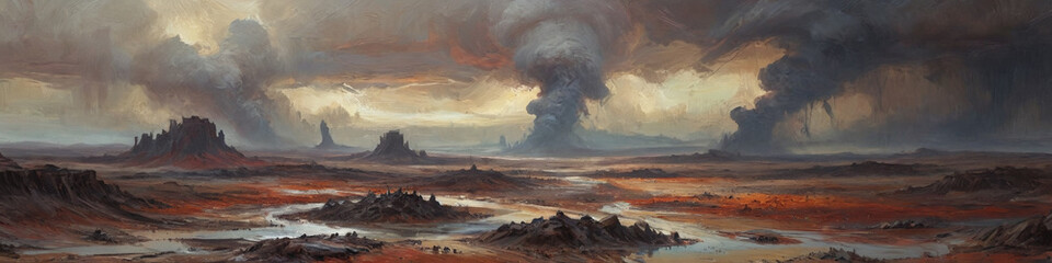 Fototapeta premium Raw wastelands on a depleted planet come alive with thick, textured oil layers, depicting varied atmospheric conditions from searing heat to chilling storms, Generative AI