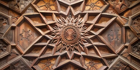 Intricate Geometric Ceiling Design with Star Patterns, Featuring Artistic Aesthetics and Architectural Elements, High-Resolution AI-Generated Wallpaper and Background