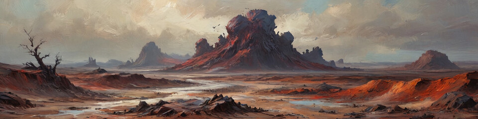 Naklejka premium Harsh environments of a barren planet are vividly portrayed through bold, thick oil strokes, capturing raw wastelands amidst extreme atmospheric contrasts, Generative AI