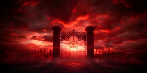 Gothic cemetery gate against fiery red sky evoking horror and nightmares. Concept Gothic Architecture, Cemetery, Dark Aesthetic, Horror Theme, Red Sky