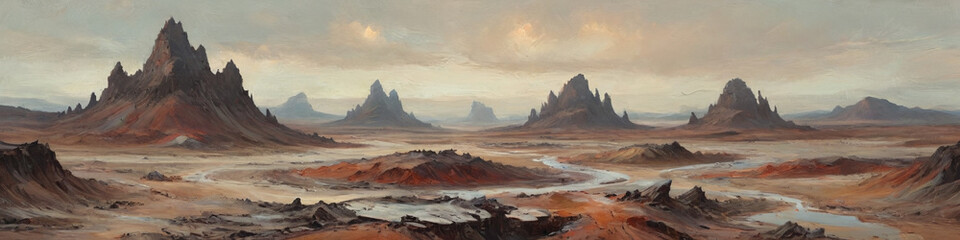 Naklejka premium Surrealist interpretations of a barren world are captured in thick oil layers, depicting raw wastelands and the harshness of atmospheric elements, Generative AI