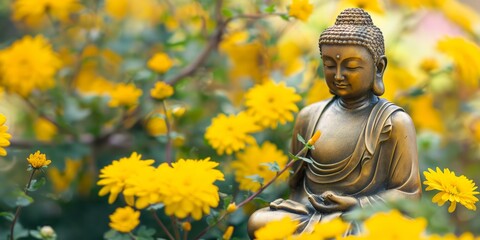 Obraz premium A Buddha statue depicted in deep meditation surrounded by a sea of bold yellow flowers