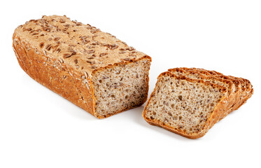 Freshly baked bread on wooden cutting board with ears of wheat.