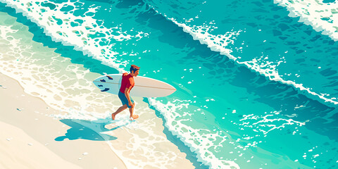 Top view of surfer running with surfboard into the waves of the beach water.