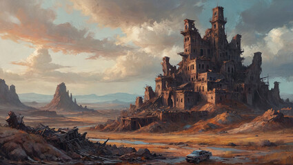 Naklejka premium Otherworldly ruins and surreal vistas unfold through bold, thick oil strokes, capturing the essence of a post-apocalyptic world lost in time, Generative AI