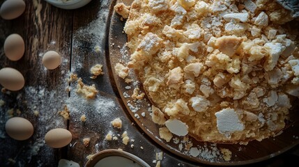 Cake crumbles on the table top view
