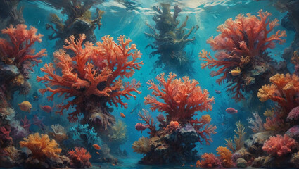 Ethereal creatures and vibrant corals come to life in bold, textured oil strokes, creating a surreal underwater realm filled with mystery and wonder, Generative AI