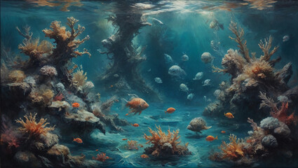 Fototapeta premium Enigmatic underwater scenes come alive with bold, textured oil strokes, capturing the essence of a surreal marine world beyond ordinary perception, Generative AI