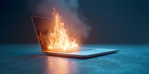 Stock image of laptop computer fire caused by lithium battery overheating. Concept Technology, Danger, Fire Hazard, Laptop, Lithium Battery