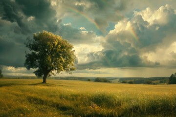 Fototapeta premium Peaceful Meadow on a Cloudy Day as a Rainbow Appears