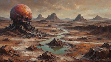 The desolation of a ravaged planet is portrayed in surreal, textured oil canvases, showcasing raw wastelands under changing atmospheric conditions, Generative AI