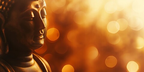 Dramatic silhouette of a headless Buddha sculpture against a soft-focus golden background with...
