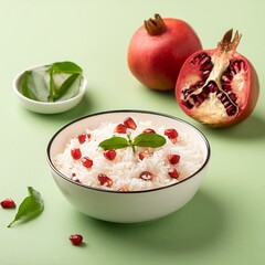 Healthy pomegranate rice on green background
