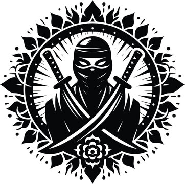 recommend clip art: ninja in silhouete with bohemian nature pattern illustration