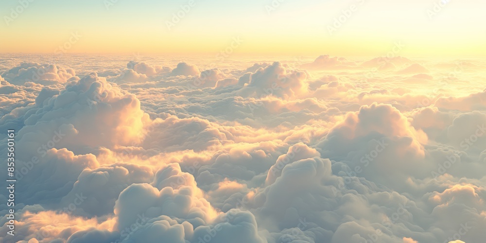 Wall mural A surreal aerial perspective of a golden cloud landscape illuminated by the soft sunlight creating a dreamy atmosphere - Wall murals
