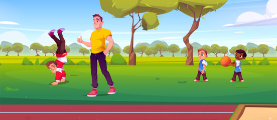 Father with athlete son in park cartoon scenery. Parent thumb up kid near racetrack and tree landscape. Summer kids walk illustration with green lawn, bush, forest and outdoor central treadmill.