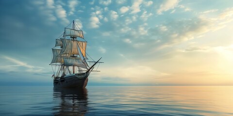 A serene seascape with a tall ship sailing on calm waters under a peaceful sky with clouds at sunset