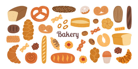 Set of hand drawn bakery pastry products. Rye, wheat and whole grain bread, french baguette, whole wheat loaf, bagel, croissant, toast, pretzel, ciabatta, donut, cookie. Vector flat illustration.