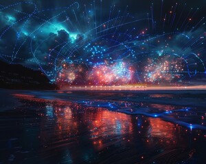 Fototapeta premium A mesmerizing scene of holographic beach fireworks illuminating a digital sky, blending vibrant colors and futuristic lights over the ocean horizon