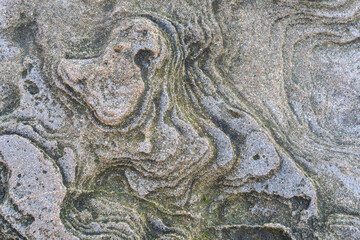 Stone texture, ocean shore stone pattern with erosion layers, grey and brown shades, green algae hints