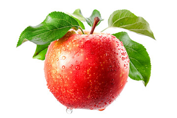 Obraz premium A fresh red apple with dew drops and leaves isolated on white background
