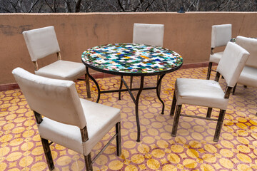 Street Restaurant Table in Moroccan Cafe Mountains View, Winter Morocco, Empty Cafe Tables, Authentic Exotic