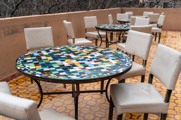 Street Restaurant Table in Moroccan Cafe Mountains View, Winter Morocco, Empty Cafe Tables, Authentic Exotic