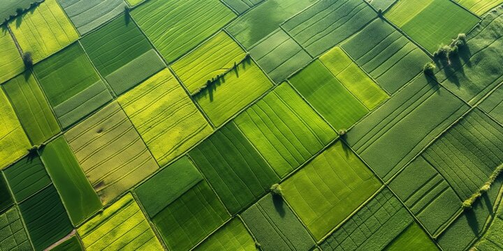 An aerial shot capturing the geometric beauty of lush green farmland divided by pathways and hedgerows