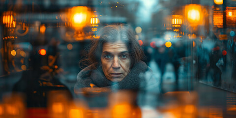 Person in einem Café in der Stadt, Spiegelungen durch ein Fenster