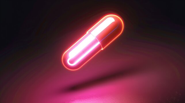 3D digital art of a single pill with a neon glow effect, floating against a dark background, ideal for eye catching wallpapers