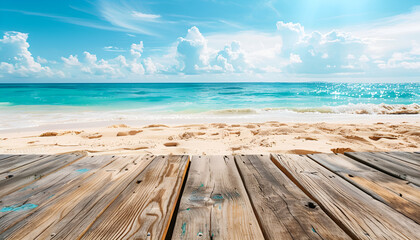 Fototapeta premium Empty Wooden Platform on Sunny Tropical Beach. Summer Product Showcase Background for Branding and Marketing