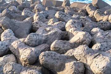 Coastal defenses tetrapods, breakwater concrete structures, wave breakers, shoreline protection